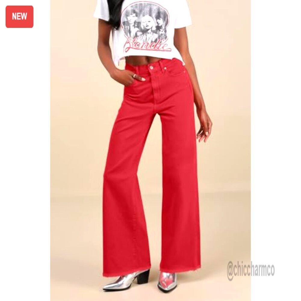 High Waisted Stretch Denim Jeans Straight Leg Flare Raw Hem Pants - Picture 3 of 7